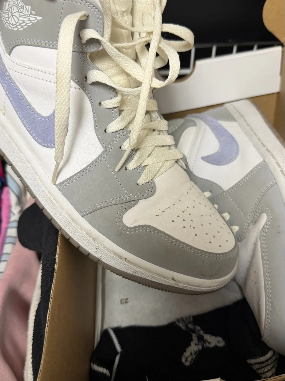 Jordan High-Top Sneakers in Gray, White & Lavender